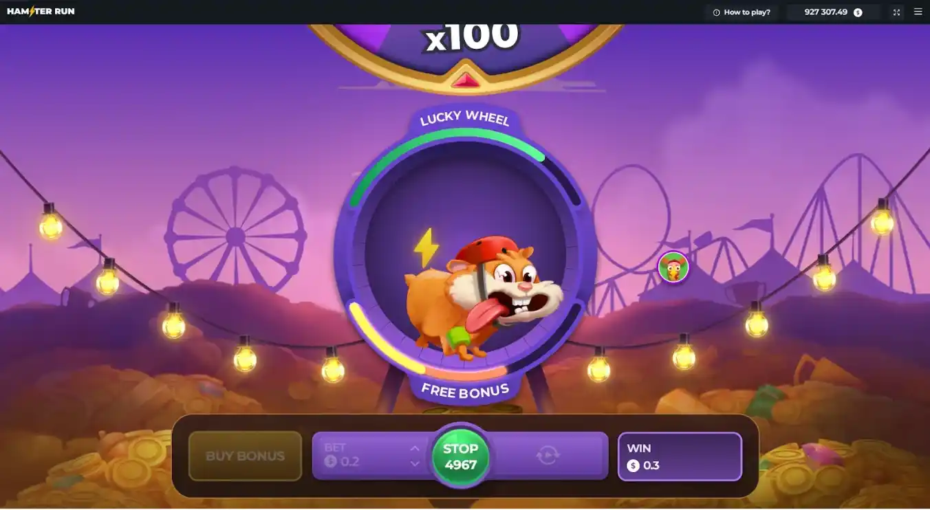Hamster racing on purple circular track surrounded by lights and amusement park background