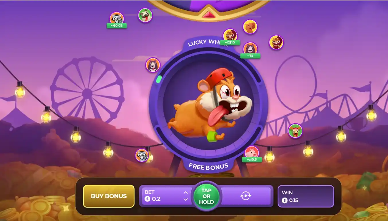 Running hamster with user avatars floating around in an amusement park-themed setting