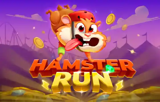 Excited cartoon hamster jumping above golden game title with coins flying in background